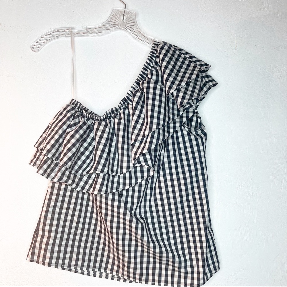 Halogen Gingham Asymmetrical Ruffle Top Size Small - Picture 8 of 8